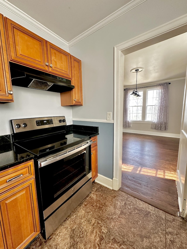 kitchen featuring electric stove, dark countertops, brown cabinets, and under cabinet range hood