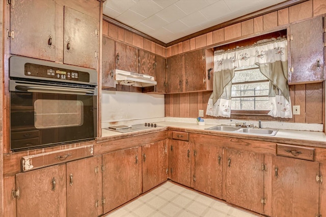 1775 Metasville Rd, Lincolnton, GA 30817 - kitchen with light floors, under cabinet range hood, light countertops, black appliances, and a sink