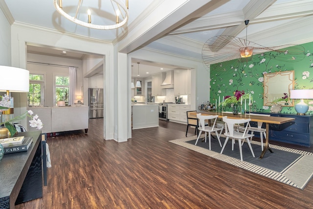 dining area featuring ornamental molding, dark wood-style floors, and beam ceiling