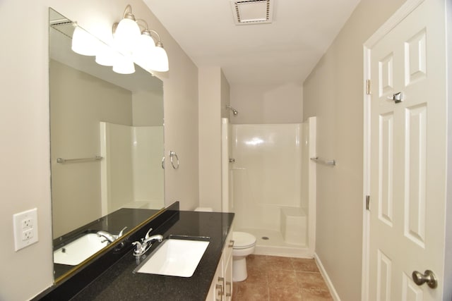 full bathroom with visible vents, vanity, toilet, and walk in shower