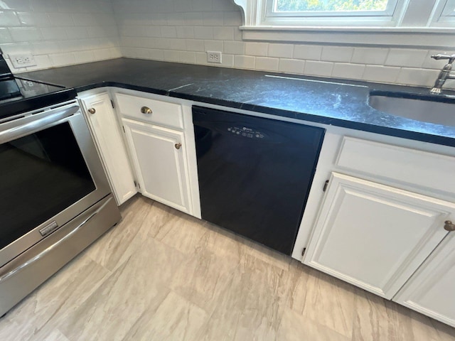 2210 Glendale Rd, Augusta, GA 30904 - kitchen with white cabinets, backsplash, dark countertops, dishwasher, and stainless steel electric stove