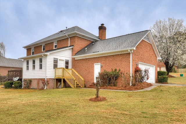 rear view of property featuring a lawn, an attached garage, a shingled roof, brick siding, and a chimney