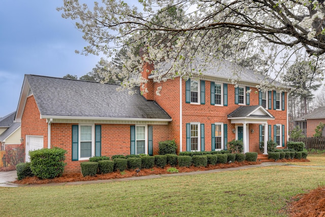 view of front of home featuring brick siding, a front lawn, and roof with shingles