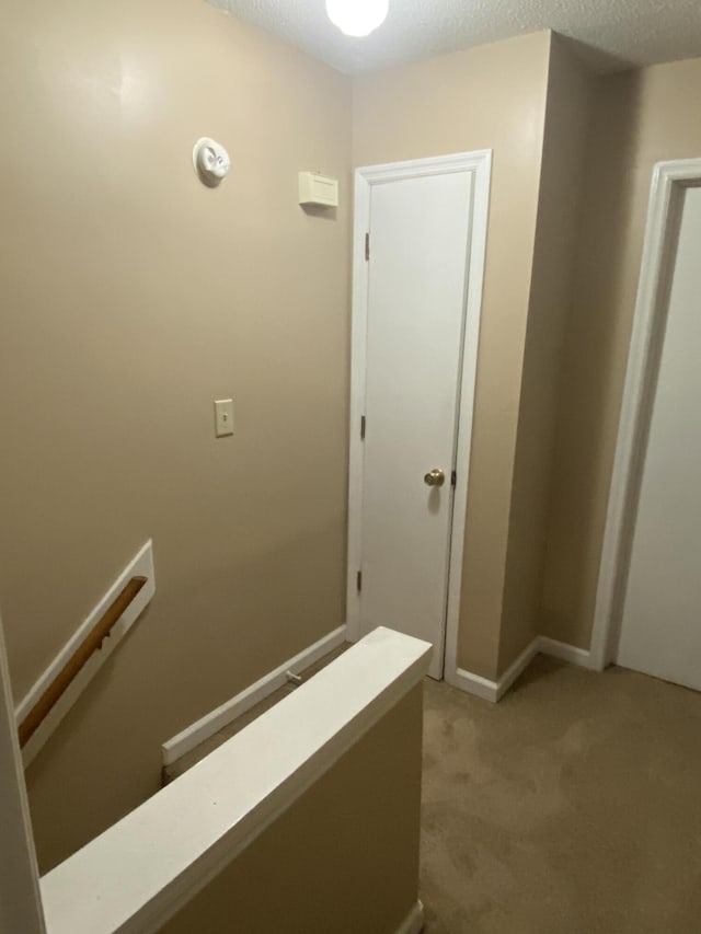 hall featuring light colored carpet and a textured ceiling