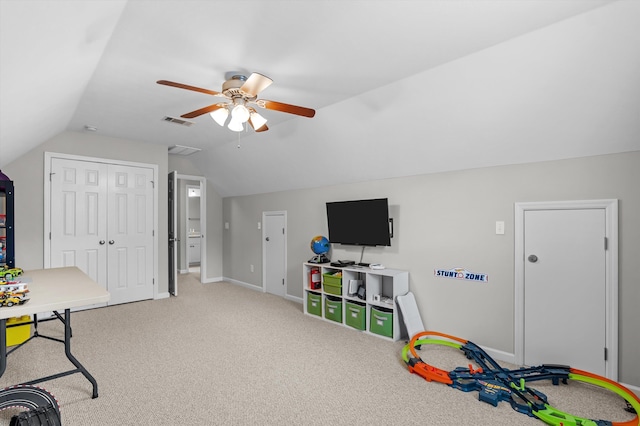 1109 Highmoor Ln, Evans, GA 30809 - game room with ceiling fan, vaulted ceiling, and carpet