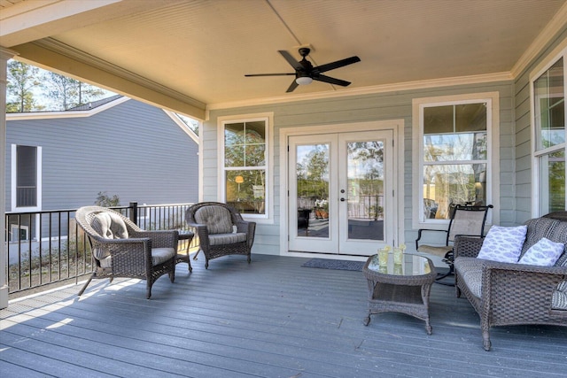 deck featuring an outdoor hangout area, french doors, and a ceiling fan