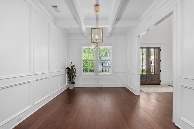 529 River Oaks Ln, Evans, GA 30809 - unfurnished dining area featuring a decorative wall, dark wood-style floors, beamed ceiling, ornamental molding, and coffered ceiling