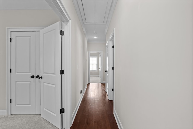529 River Oaks Ln, Evans, GA 30809 - hall featuring attic access, ornamental molding, baseboards, and dark wood finished floors