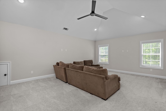 529 River Oaks Ln, Evans, GA 30809 - living room with baseboards, ceiling fan, light carpet, lofted ceiling, and recessed lighting
