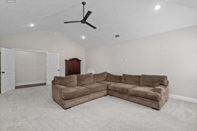 529 River Oaks Ln, Evans, GA 30809 - living area with ceiling fan, carpet flooring, vaulted ceiling, recessed lighting, and baseboards