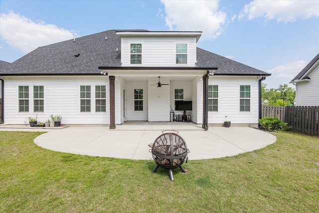 529 River Oaks Ln, Evans, GA 30809 - rear view of house featuring a fire pit, a ceiling fan, a patio area, and roof with shingles
