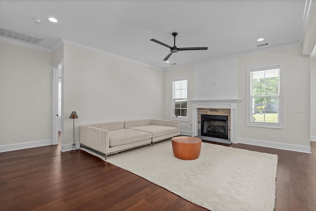 529 River Oaks Ln, Evans, GA 30809 - living area featuring ceiling fan, dark wood-style flooring, plenty of natural light, recessed lighting, and ornamental molding