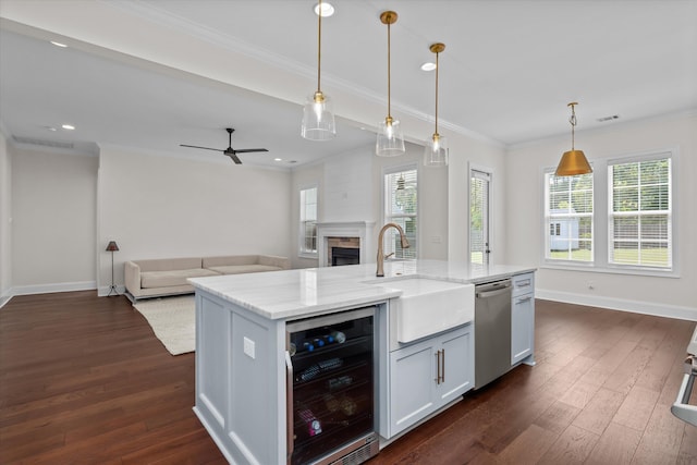 529 River Oaks Ln, Evans, GA 30809 - kitchen with wine cooler, a sink, dishwasher, dark wood-type flooring, and plenty of natural light