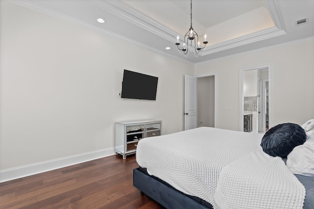 529 River Oaks Ln, Evans, GA 30809 - bedroom featuring a chandelier, dark wood-style floors, ornamental molding, a tray ceiling, and baseboards