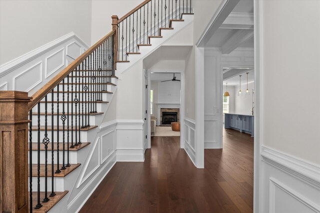 529 River Oaks Ln, Evans, GA 30809 - stairs with a decorative wall, wood-type flooring, ceiling fan, wainscoting, and a fireplace