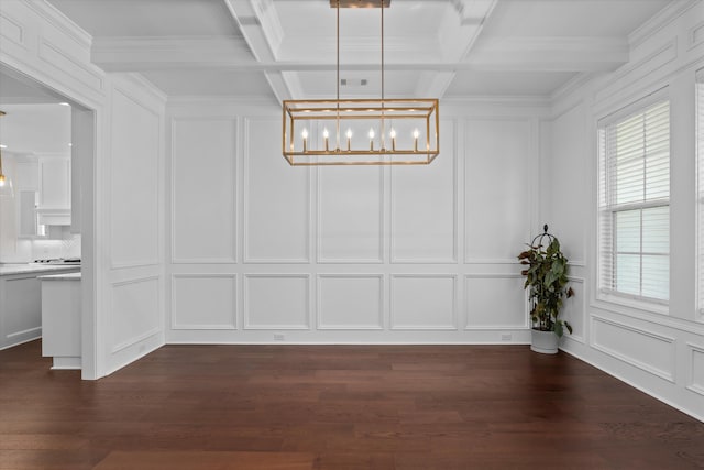 529 River Oaks Ln, Evans, GA 30809 - unfurnished dining area with a decorative wall, beamed ceiling, a chandelier, dark wood finished floors, and crown molding