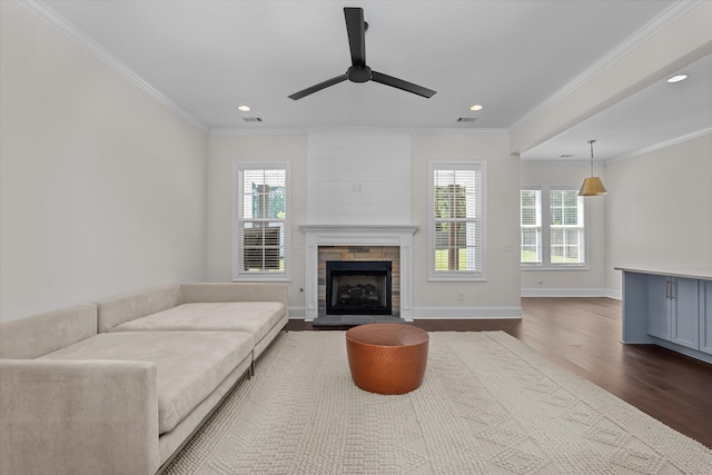 529 River Oaks Ln, Evans, GA 30809 - living area with healthy amount of natural light, dark wood-style floors, recessed lighting, a ceiling fan, and a fireplace