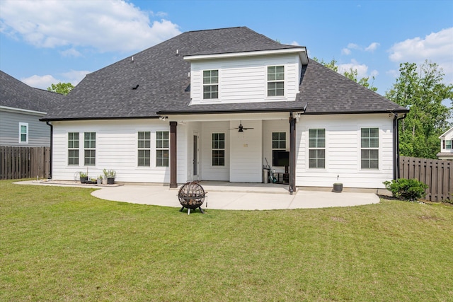 529 River Oaks Ln, Evans, GA 30809 - rear view of property featuring a patio, ceiling fan, roof with shingles, and an outdoor fire pit