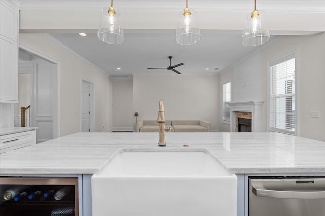 529 River Oaks Ln, Evans, GA 30809 - kitchen featuring a sink, stainless steel dishwasher, open floor plan, wine cooler, and ceiling fan