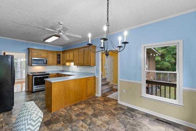 1116 Wrights Mill Rd, Aiken, SC 29801 - kitchen with stainless steel appliances, a peninsula, a sink, baseboards, and brown cabinetry