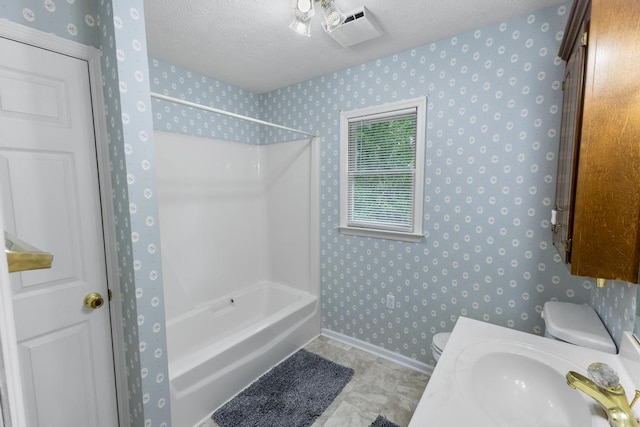 1116 Wrights Mill Rd, Aiken, SC 29801 - bathroom with toilet,  shower combination, wallpapered walls, a textured ceiling, and vanity