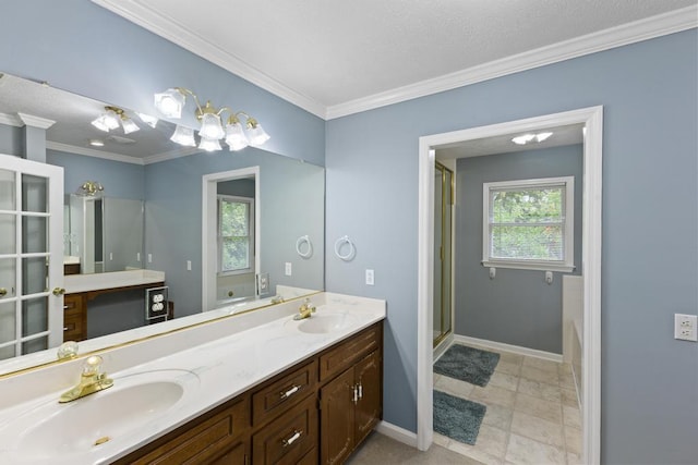 1116 Wrights Mill Rd, Aiken, SC 29801 - full bath with baseboards, double vanity, ornamental molding, a shower stall, and a bathtub