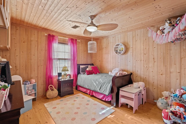 bedroom featuring ceiling fan, wooden walls, wooden ceiling, and light hardwood / wood-style floors