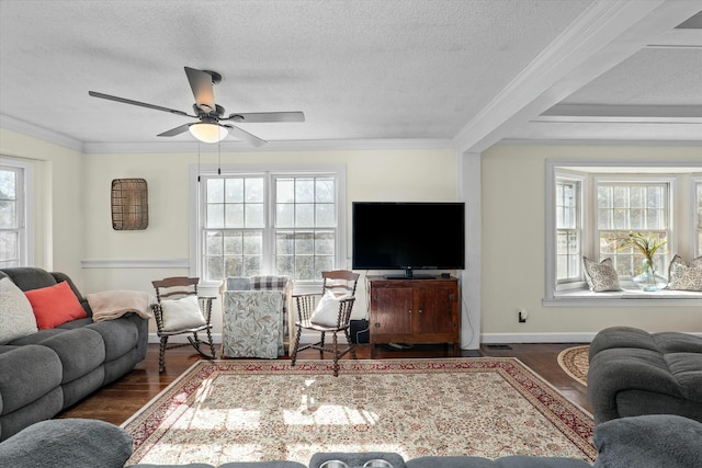 living room with a textured ceiling, crown molding, and a wealth of natural light