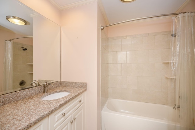 bathroom with crown molding, vanity, and shower / tub combo