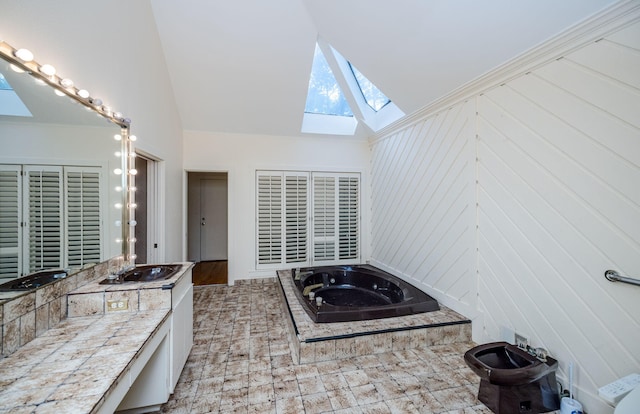 unfurnished living room with wooden walls, high vaulted ceiling, and light wood-type flooring