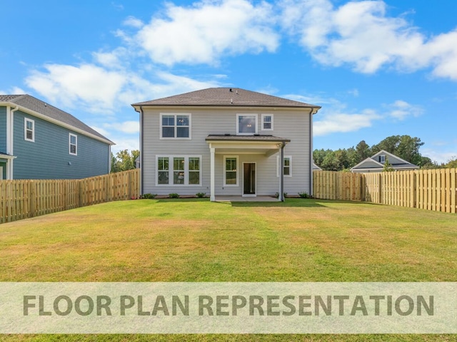 back of property featuring a yard and a fenced backyard