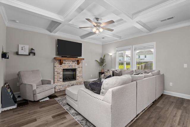 165 Myrtle Grv Trl, Evans, GA 30809 - living area with dark wood finished floors, ceiling fan, beamed ceiling, coffered ceiling, and a brick fireplace