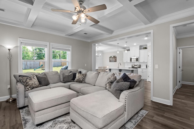 165 Myrtle Grv Trl, Evans, GA 30809 - living room with coffered ceiling, baseboards, dark wood-type flooring, a ceiling fan, and ornamental molding