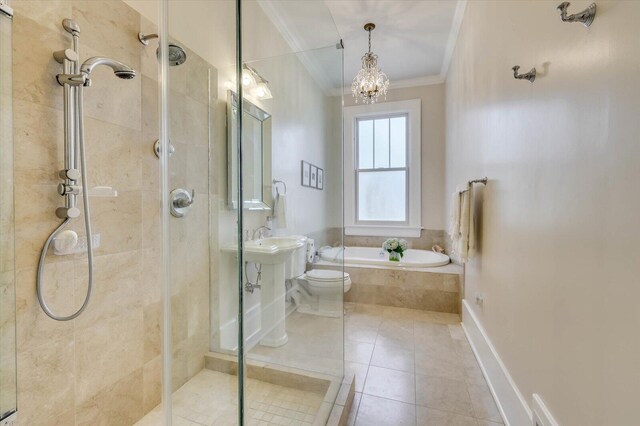 bathroom featuring plus walk in shower, a notable chandelier, tile patterned floors, toilet, and ornamental molding