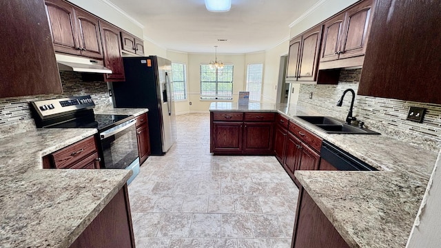 4325 Creekview Dr, Hephzibah, GA 30815 - kitchen featuring stainless steel range with electric cooktop, a sink, under cabinet range hood, a peninsula, and ornamental molding
