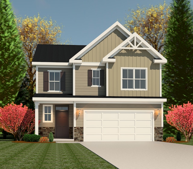 craftsman house featuring an attached garage, stone siding, driveway, board and batten siding, and a front lawn
