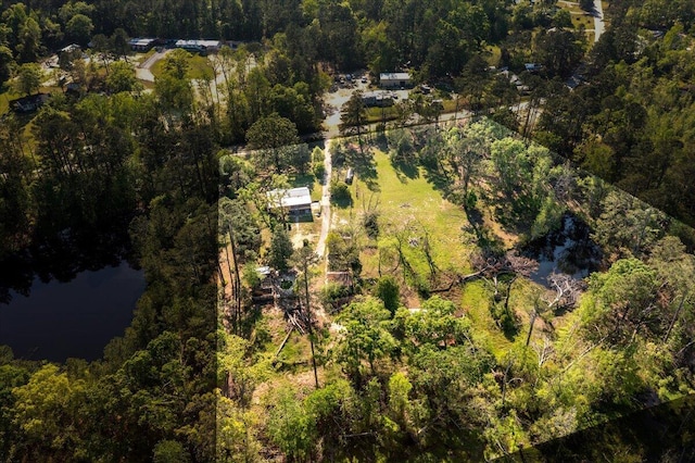drone / aerial view featuring a water view and a view of trees