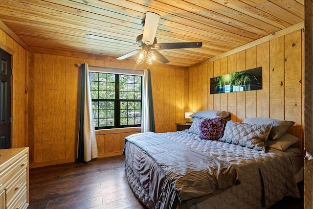 bedroom featuring wooden walls, dark wood-style flooring, wooden ceiling, and ceiling fan