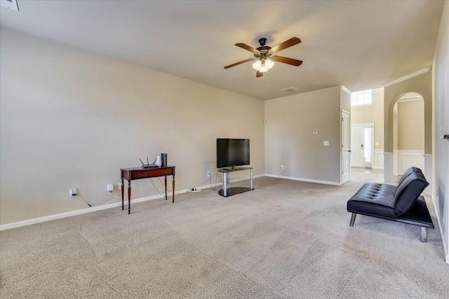 sitting room featuring carpet floors and ceiling fan