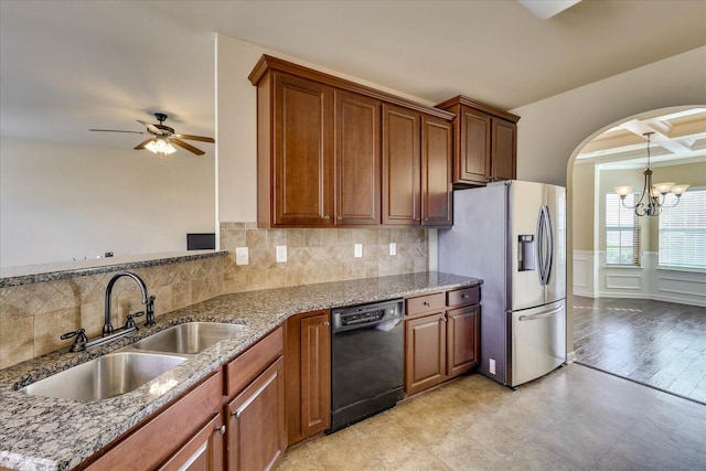 kitchen featuring dishwasher, sink, coffered ceiling, stainless steel fridge with ice dispenser, and beamed ceiling