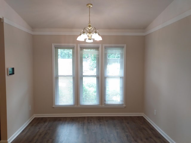 unfurnished dining area featuring a notable chandelier, dark hardwood / wood-style flooring, and vaulted ceiling