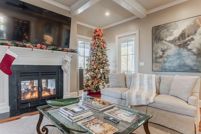 living room featuring hardwood / wood-style floors, beam ceiling, a multi sided fireplace, and crown molding