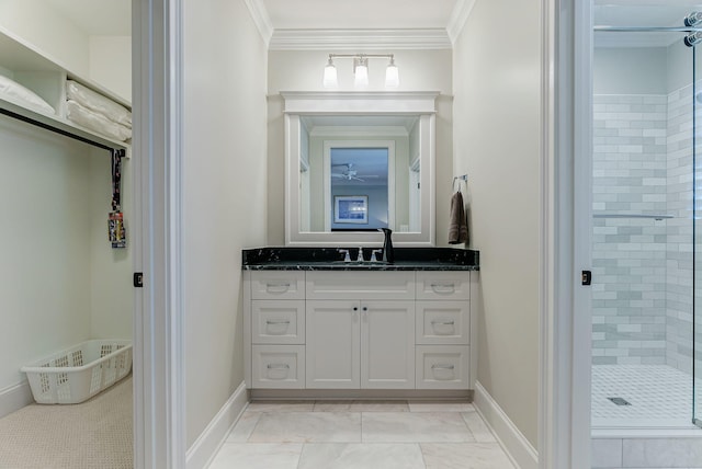 bathroom with tile patterned floors, crown molding, vanity, and a shower with shower door