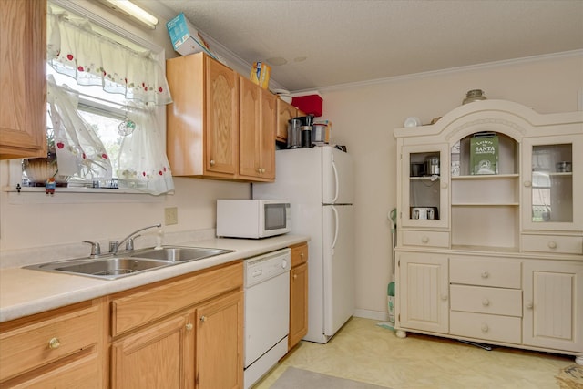 1219 Susan Ct, Waynesboro, GA 30830 - kitchen featuring light countertops, white appliances, crown molding, and a sink