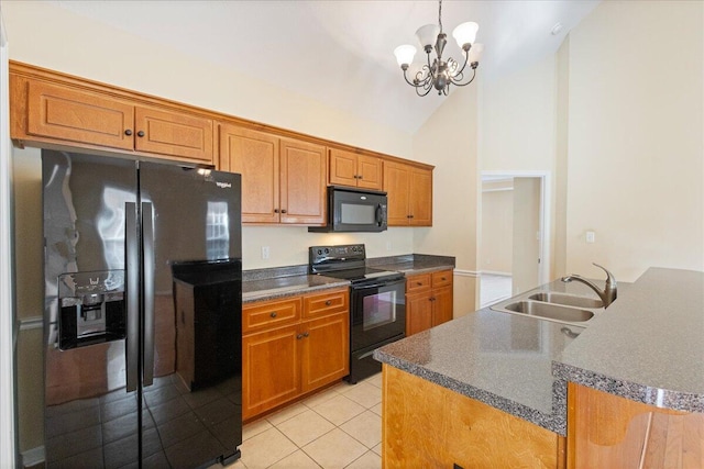 kitchen with an inviting chandelier, black appliances, sink, decorative light fixtures, and light tile patterned flooring