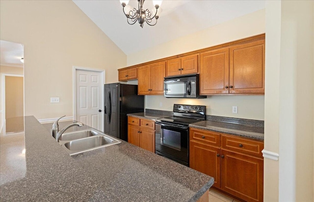 kitchen featuring sink, black appliances, high vaulted ceiling, an inviting chandelier, and hanging light fixtures