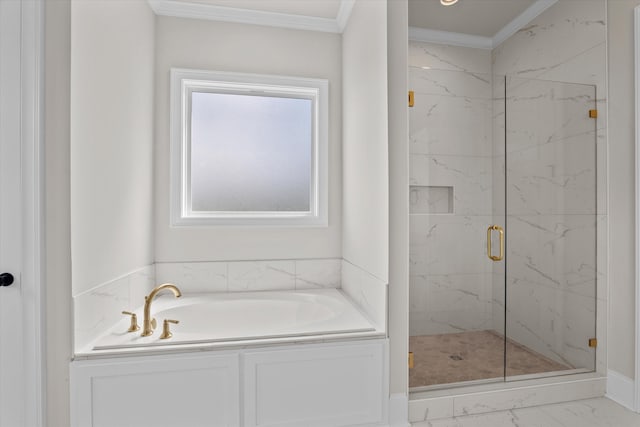 full bath with ornamental molding, marble finish floors, a bath, and a marble finish shower