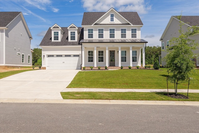 view of front of property featuring driveway, a shingled roof, a porch, a front lawn, and an attached garage