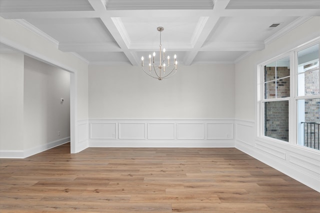 309 Militia Loop, North Augusta, SC 29860 - empty room with a chandelier, coffered ceiling, beamed ceiling, light wood-style floors, and wainscoting