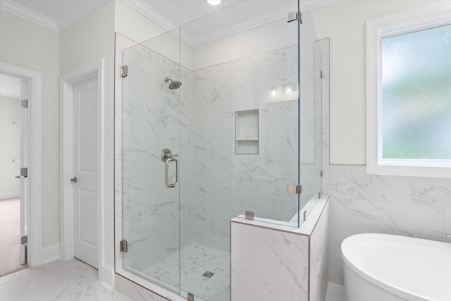 309 Militia Loop, North Augusta, SC 29860 - bathroom featuring a marble finish shower, a freestanding tub, crown molding, and marble finish floors